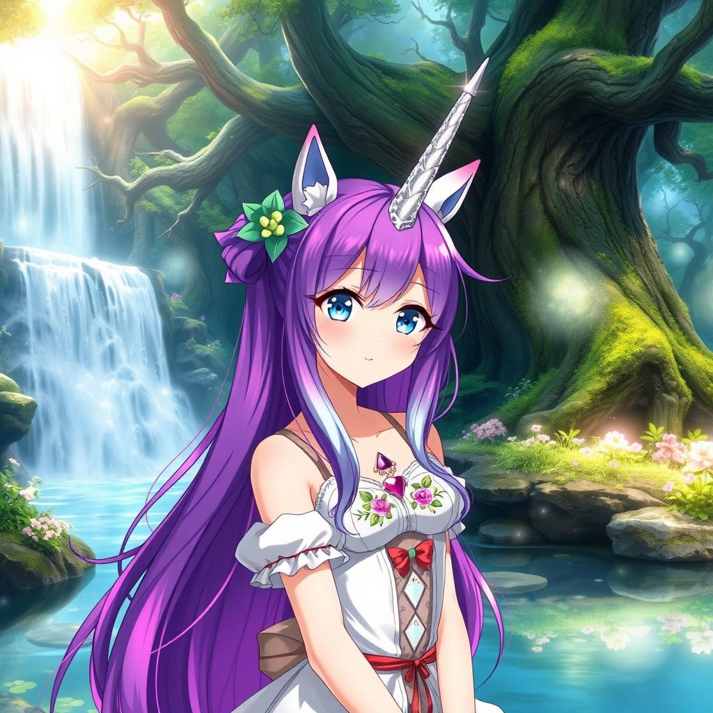 An anime girl who is half human and half unicorn, with vibrant, flowing hair that transitions from deep purple to shimmering silver, standing gracefully in front of a majestic waterfall cascading into a crystal-clear pool in a mystical forest