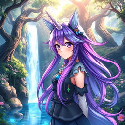 An anime girl who is half human and half unicorn, with vibrant, flowing hair that transitions from deep purple to shimmering silver, standing gracefully in front of a majestic waterfall cascading into a crystal-clear pool in a mystical forest