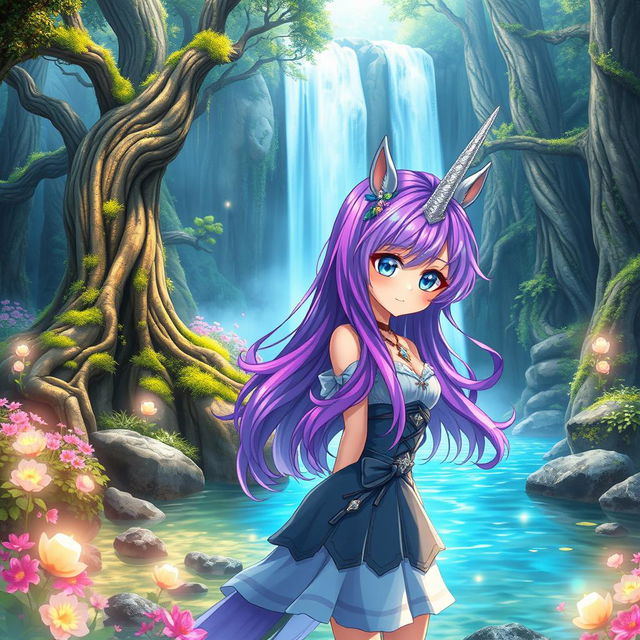 An anime girl who is half human and half unicorn, with vibrant, flowing hair that transitions from deep purple to shimmering silver, standing gracefully in front of a majestic waterfall cascading into a crystal-clear pool in a mystical forest