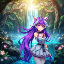 An anime girl who is half human and half unicorn, with vibrant, flowing hair that transitions from deep purple to shimmering silver, standing gracefully in front of a majestic waterfall cascading into a crystal-clear pool in a mystical forest