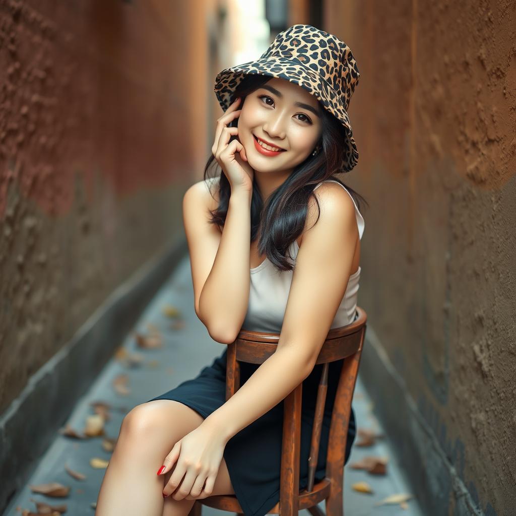 Beautiful Korean woman posing gracefully and attractively wearing a leopard print bucket hat, sitting on an old chair in a narrow alley, smiling gently at the camera