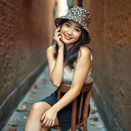Beautiful Korean woman posing gracefully and attractively wearing a leopard print bucket hat, sitting on an old chair in a narrow alley, smiling gently at the camera