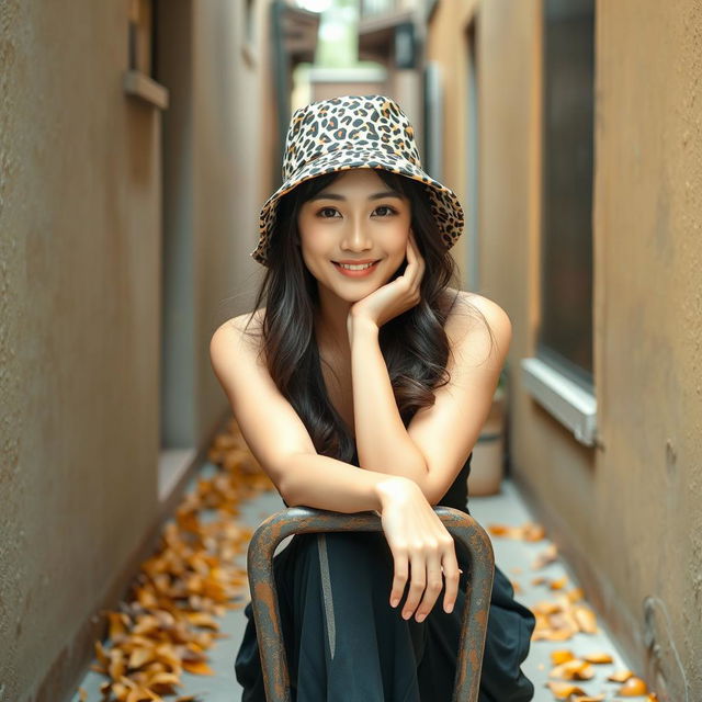 Beautiful Korean woman posing gracefully and attractively wearing a leopard print bucket hat, sitting on an old chair in a narrow alley, smiling gently at the camera