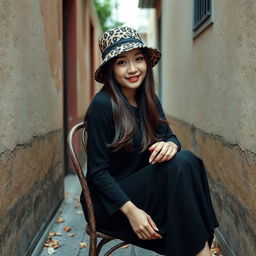 Beautiful Korean woman posing gracefully and attractively wearing a leopard print bucket hat, sitting on an old chair in a narrow alley, smiling gently at the camera