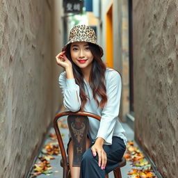 Beautiful Korean woman posing gracefully and attractively wearing a leopard print bucket hat, sitting on an old chair in a narrow alley, smiling gently at the camera