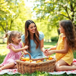 A warm and joyful scene featuring a person, a mother or father, happily interacting with their two daughters
