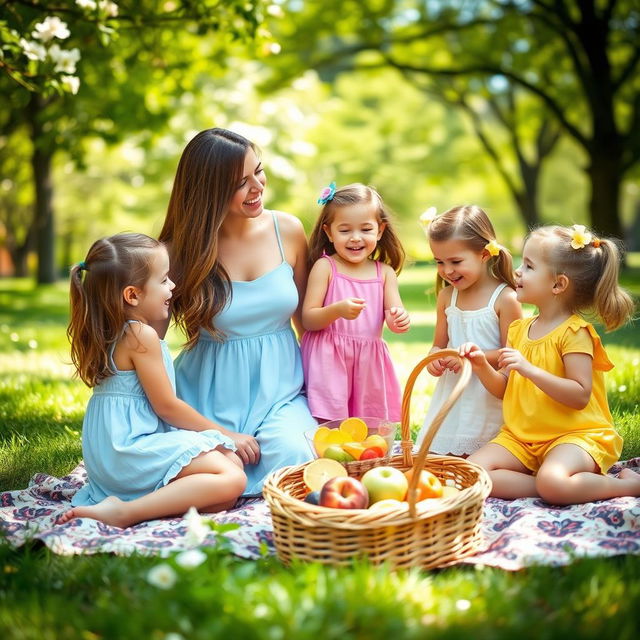 A warm and joyful scene featuring a person, a mother or father, happily interacting with their two daughters