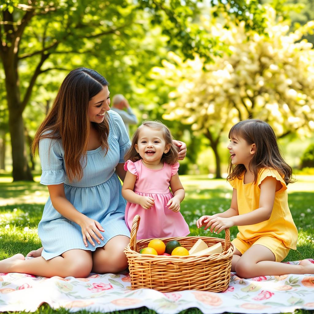 A warm and joyful scene featuring a person, a mother or father, happily interacting with their two daughters