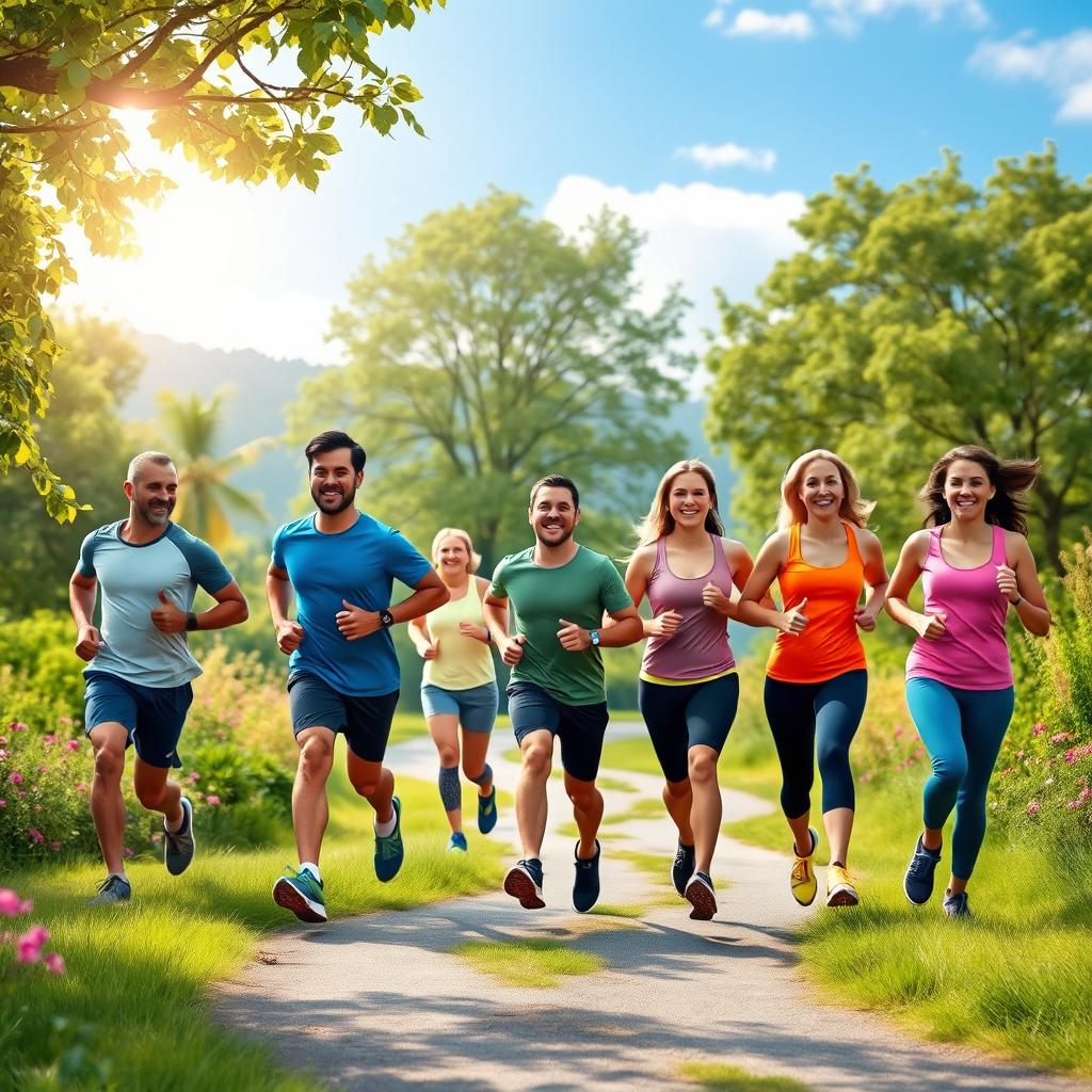 A vibrant morning scene depicting a group of seven people jogging through beautiful natural scenery