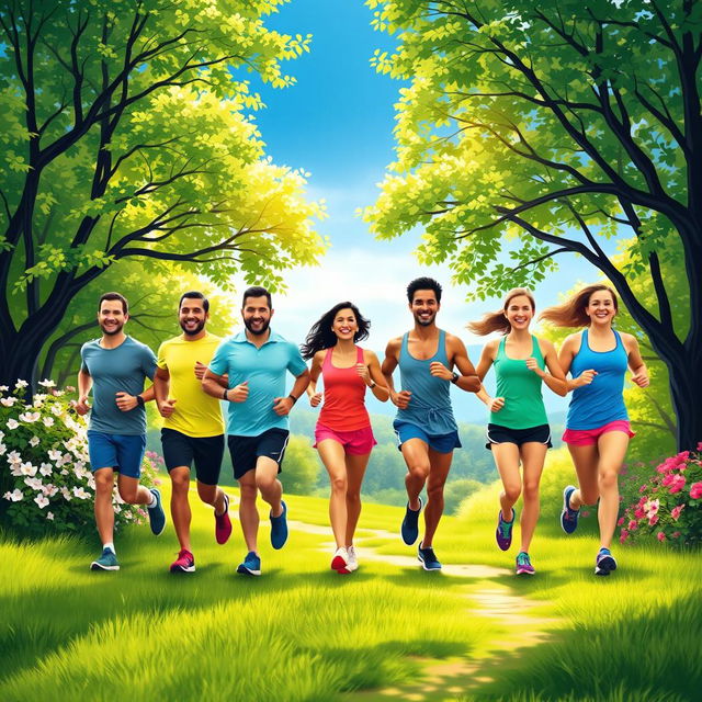 A vibrant morning scene depicting a group of seven people jogging through beautiful natural scenery