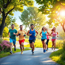 A vibrant morning scene depicting a group of seven people jogging through beautiful natural scenery