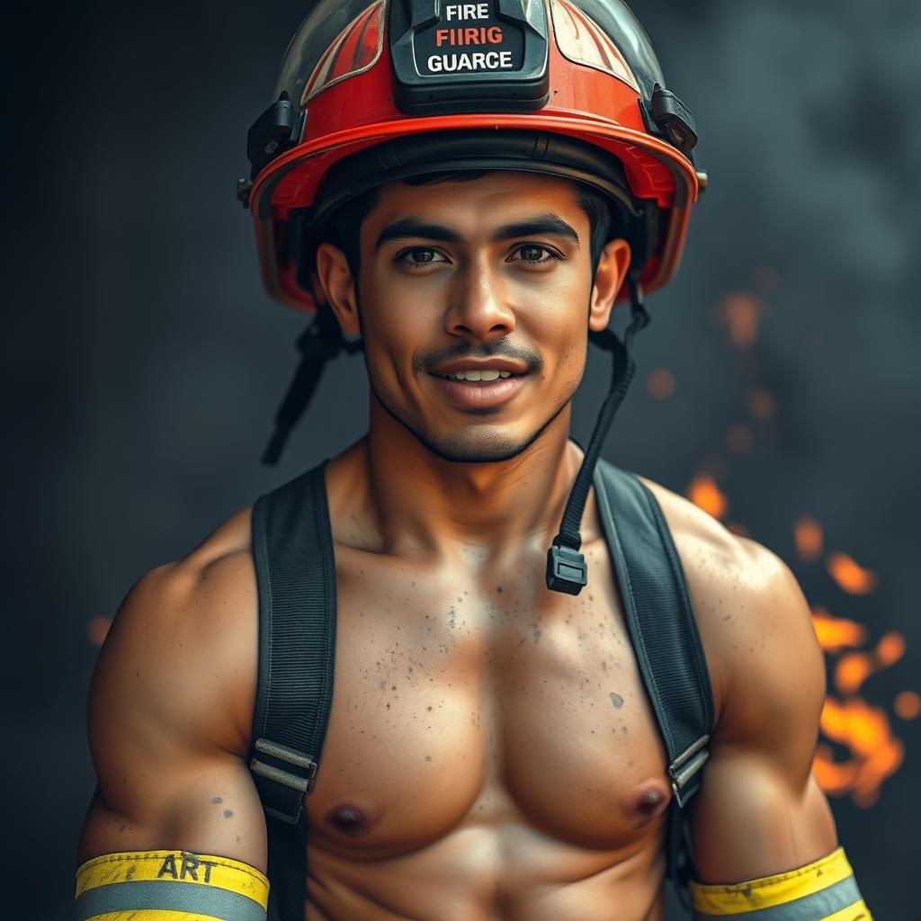 A 23-year-old Latin man in a fire guard uniform, with visibly exposed upper body