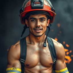 A 23-year-old Latin man in a fire guard uniform, with visibly exposed upper body