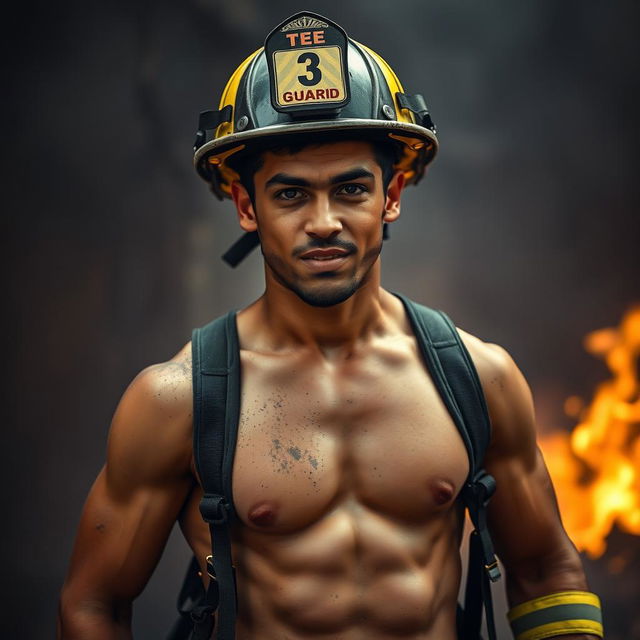 A 23-year-old Latin man in a fire guard uniform, with visibly exposed upper body