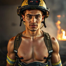A 23-year-old Latin man in a fire guard uniform, with visibly exposed upper body