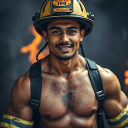 A 23-year-old Latin man in a fire guard uniform, with visibly exposed upper body