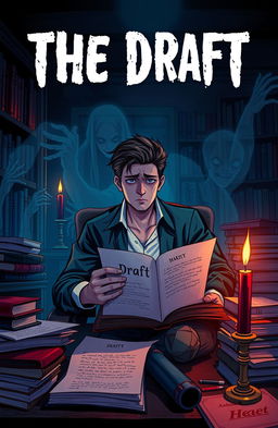 An eerie and atmospheric book cover and banner for the psychological horror mystery novel "The Draft