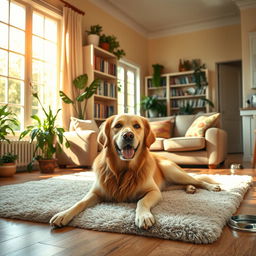 A cozy home setting featuring a large, friendly dog of a golden retriever breed lying contentedly on a plush rug in the living room