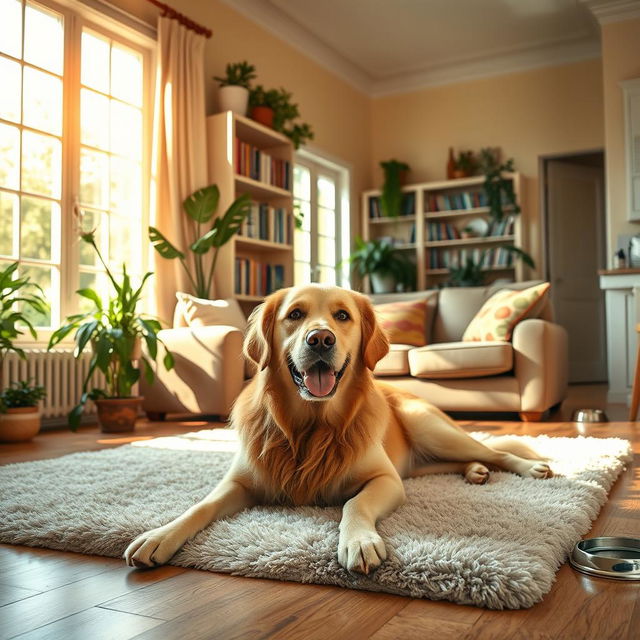 A cozy home setting featuring a large, friendly dog of a golden retriever breed lying contentedly on a plush rug in the living room