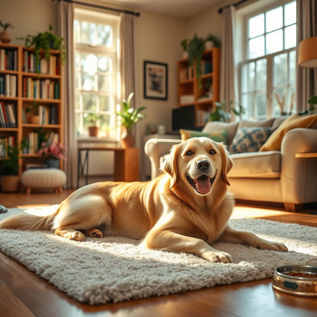 A cozy home setting featuring a large, friendly dog of a golden retriever breed lying contentedly on a plush rug in the living room