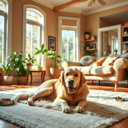A cozy home setting featuring a large, friendly dog of a golden retriever breed lying contentedly on a plush rug in the living room