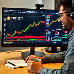 A digital trading screenshot showing a male trader, looking focused and satisfied, on a computer screen with a graph and numbers reflecting cryptocurrency trading
