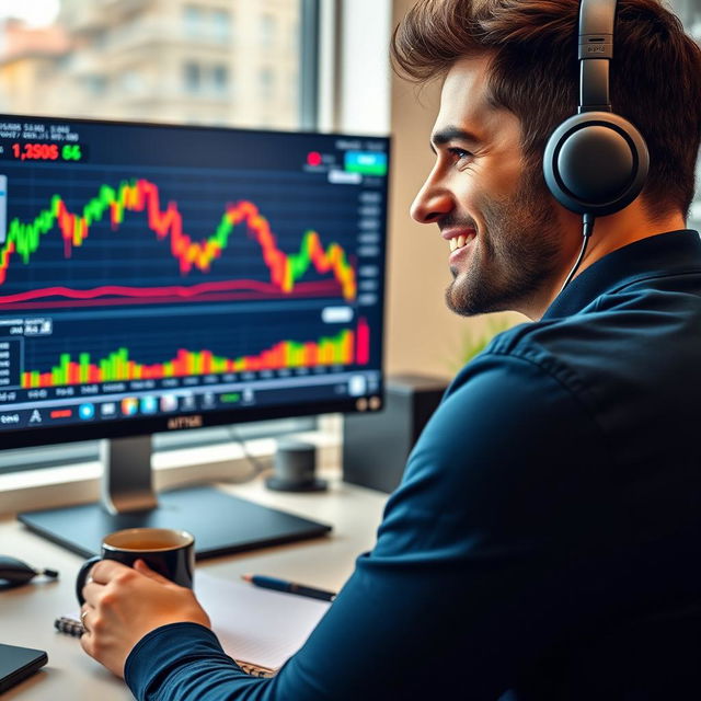 A digital trading screenshot showing a male trader, looking focused and satisfied, on a computer screen with a graph and numbers reflecting cryptocurrency trading