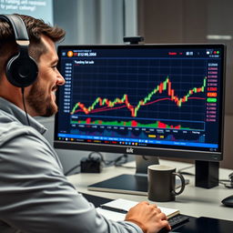 A digital trading screenshot showing a male trader, looking focused and satisfied, on a computer screen with a graph and numbers reflecting cryptocurrency trading