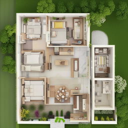 A detailed layout of a 30x35 3 BHK(dining, living and kitchen along with three bedrooms) home design, with an aesthetically pleasing and functional interior design.