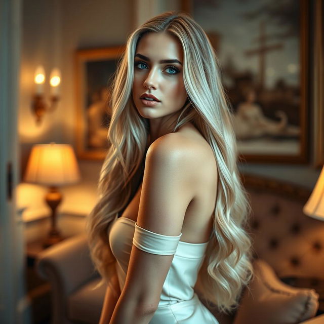 A strikingly beautiful woman with long blonde hair, showcasing elegance and charm