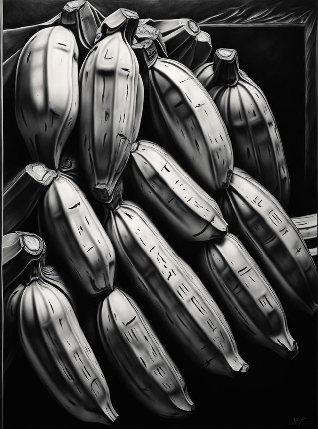 A hyper-realistic black and white pencil drawing of bananas