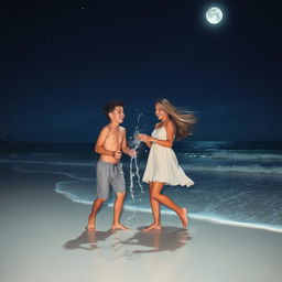 A serene nighttime beach setting, where a boy and a girl are sharing a playful moment under a starry sky