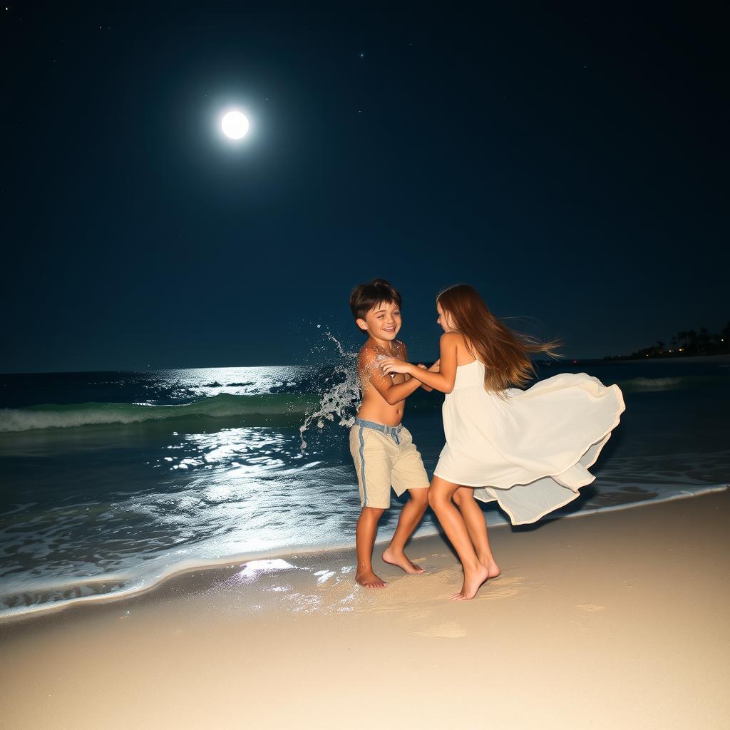 A serene nighttime beach setting, where a boy and a girl are sharing a playful moment under a starry sky