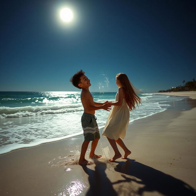 A serene nighttime beach setting, where a boy and a girl are sharing a playful moment under a starry sky