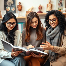 A portrait of three beautiful Persian women, each showcasing their unique styles while studying together in a cozy study room decorated with medical textbooks and anatomical models