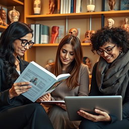 A portrait of three beautiful Persian women, each showcasing their unique styles while studying together in a cozy study room decorated with medical textbooks and anatomical models