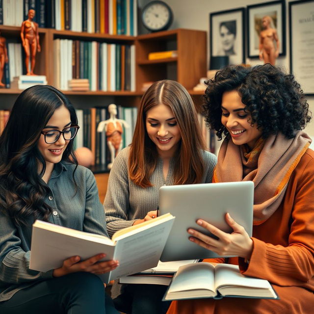 A portrait of three beautiful Persian women, each showcasing their unique styles while studying together in a cozy study room decorated with medical textbooks and anatomical models