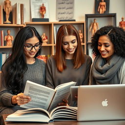 A portrait of three beautiful Persian women, each showcasing their unique styles while studying together in a cozy study room decorated with medical textbooks and anatomical models
