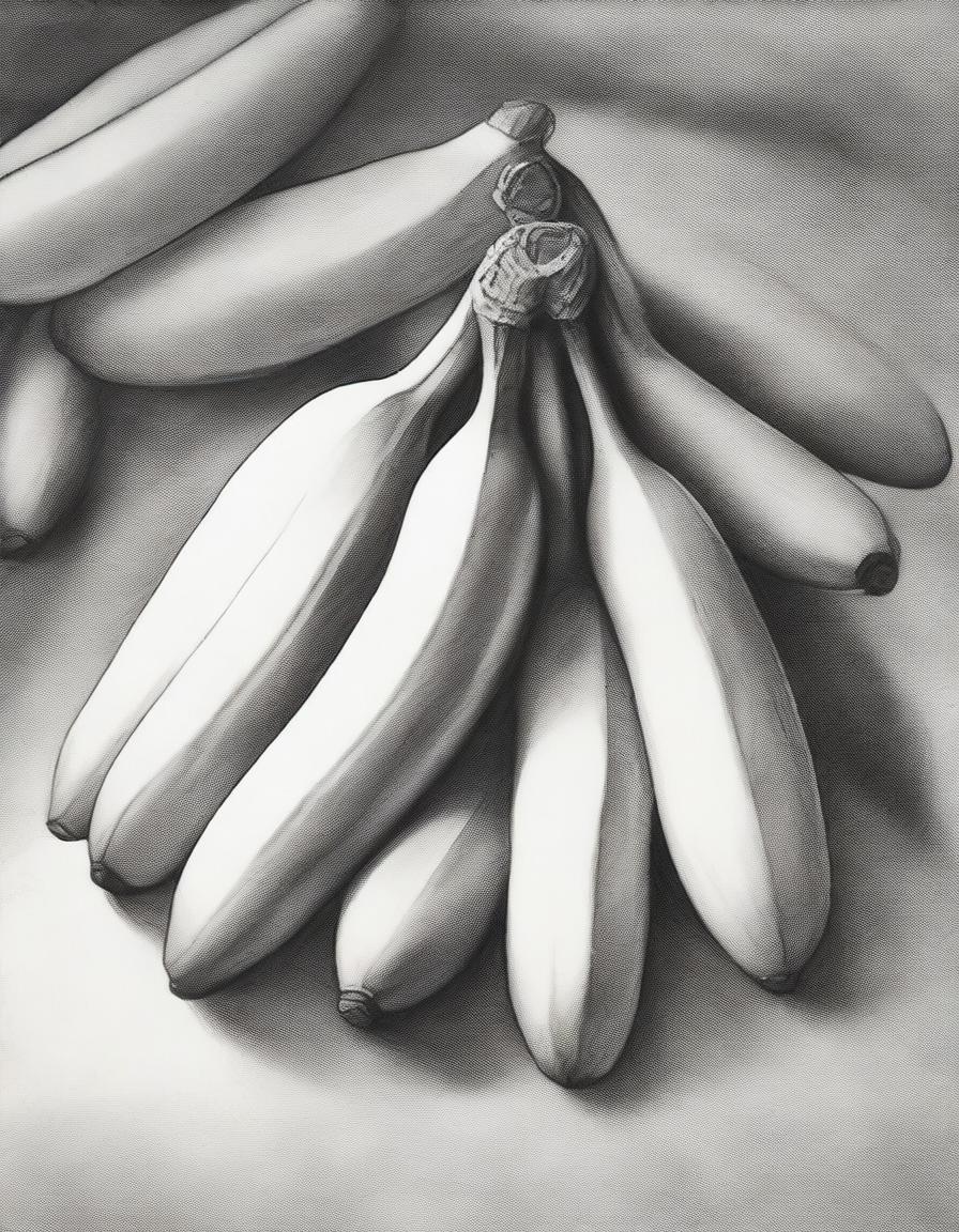 A highest-quality pencil drawing, finely detailed with realistic shading, depicting a bunch of ripe bananas