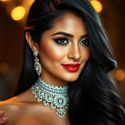 A stunning close-up portrait of actress Tamanna, showcasing her elegant jewelry