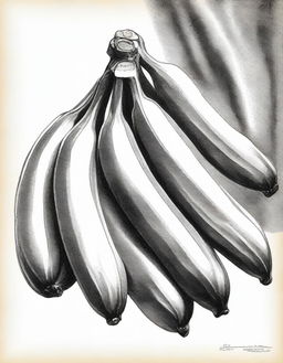 A highest-quality pencil drawing, finely detailed with realistic shading, depicting a bunch of ripe bananas