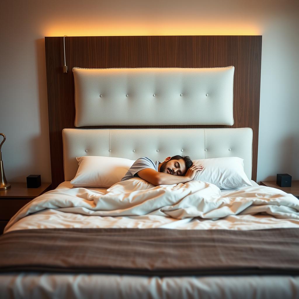 A cozy bedroom scene featuring a stylish and well-cushioned bant set headboard prominently displayed behind a modern bed