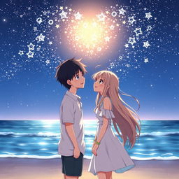 In a serene beachside setting at night, featuring an anime boy and girl, surrounded by a sparkling sky filled with countless stars forming a heart shape