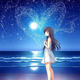 In a serene beachside setting at night, featuring an anime boy and girl, surrounded by a sparkling sky filled with countless stars forming a heart shape