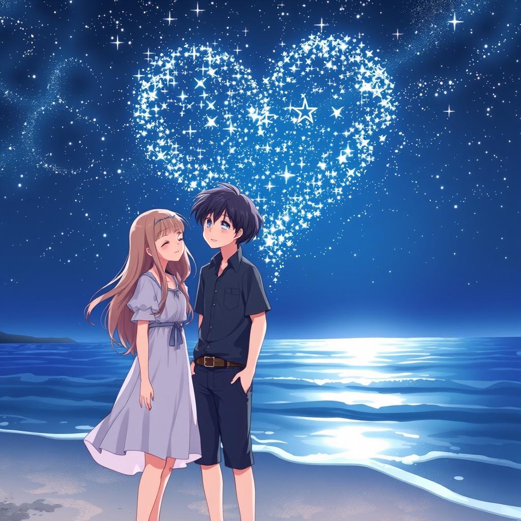 In a serene beachside setting at night, featuring an anime boy and girl, surrounded by a sparkling sky filled with countless stars forming a heart shape