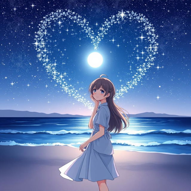 In a serene beachside setting at night, featuring an anime boy and girl, surrounded by a sparkling sky filled with countless stars forming a heart shape