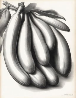 A highest-quality pencil drawing, finely detailed with realistic shading, depicting a bunch of ripe bananas