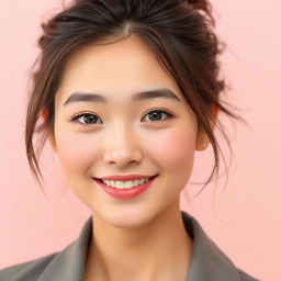 A beautiful young woman with Japanese features, around 20 years old, showcasing a messy bun hairstyle