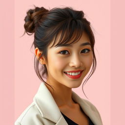 A beautiful young woman with Japanese features, around 20 years old, showcasing a messy bun hairstyle