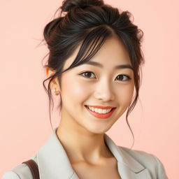A beautiful young woman with Japanese features, around 20 years old, showcasing a messy bun hairstyle